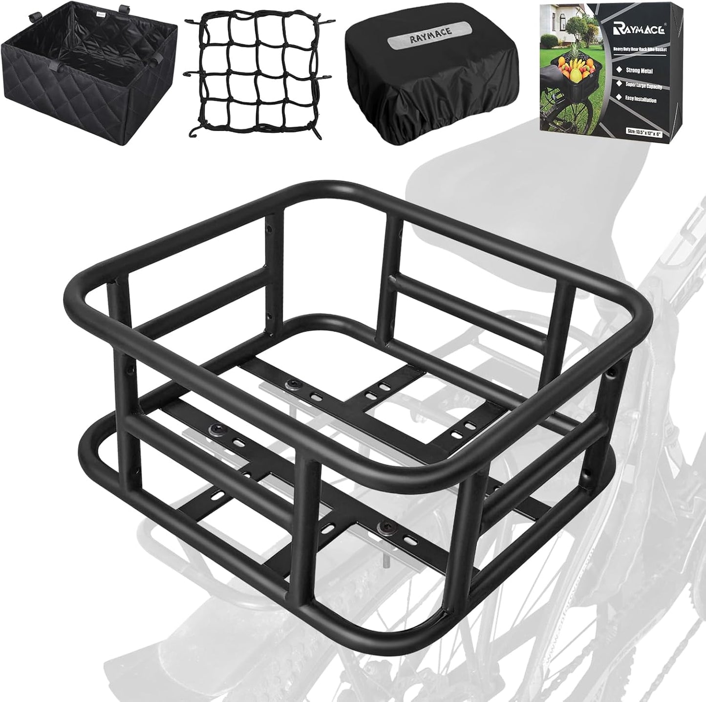 RAYMACE Rear Rack Bike Basket with Cargo Net and Liner