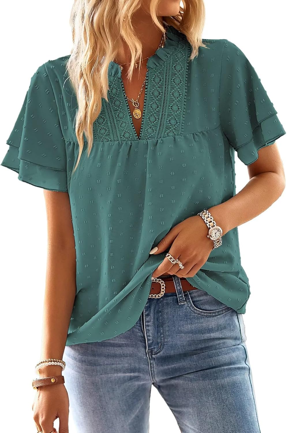 Womens Tops Butterfly Sleeve V Neck Blouses for Dressy Casual Wear