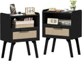 Rattan Nightstands Set of 2 - Brown Cane Bedside Tables for Small