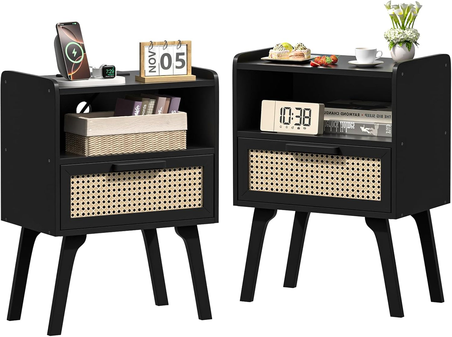 Rattan Nightstands Set of 2 with Drawer and Open Shelf Design