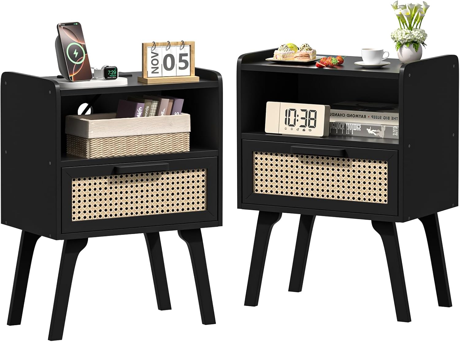 Rattan Nightstands Set of 2 with Drawer and Open Shelf Design