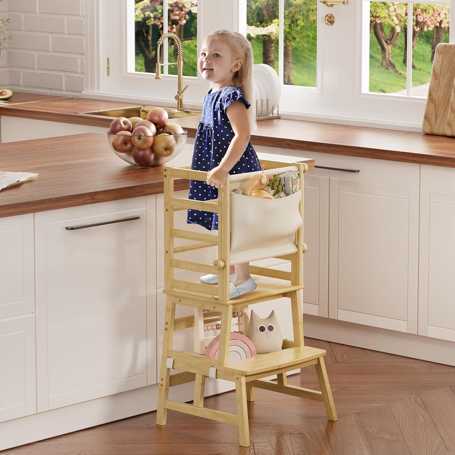 Bamboo Toddler Step Stool with Safety Rail for Kids Use