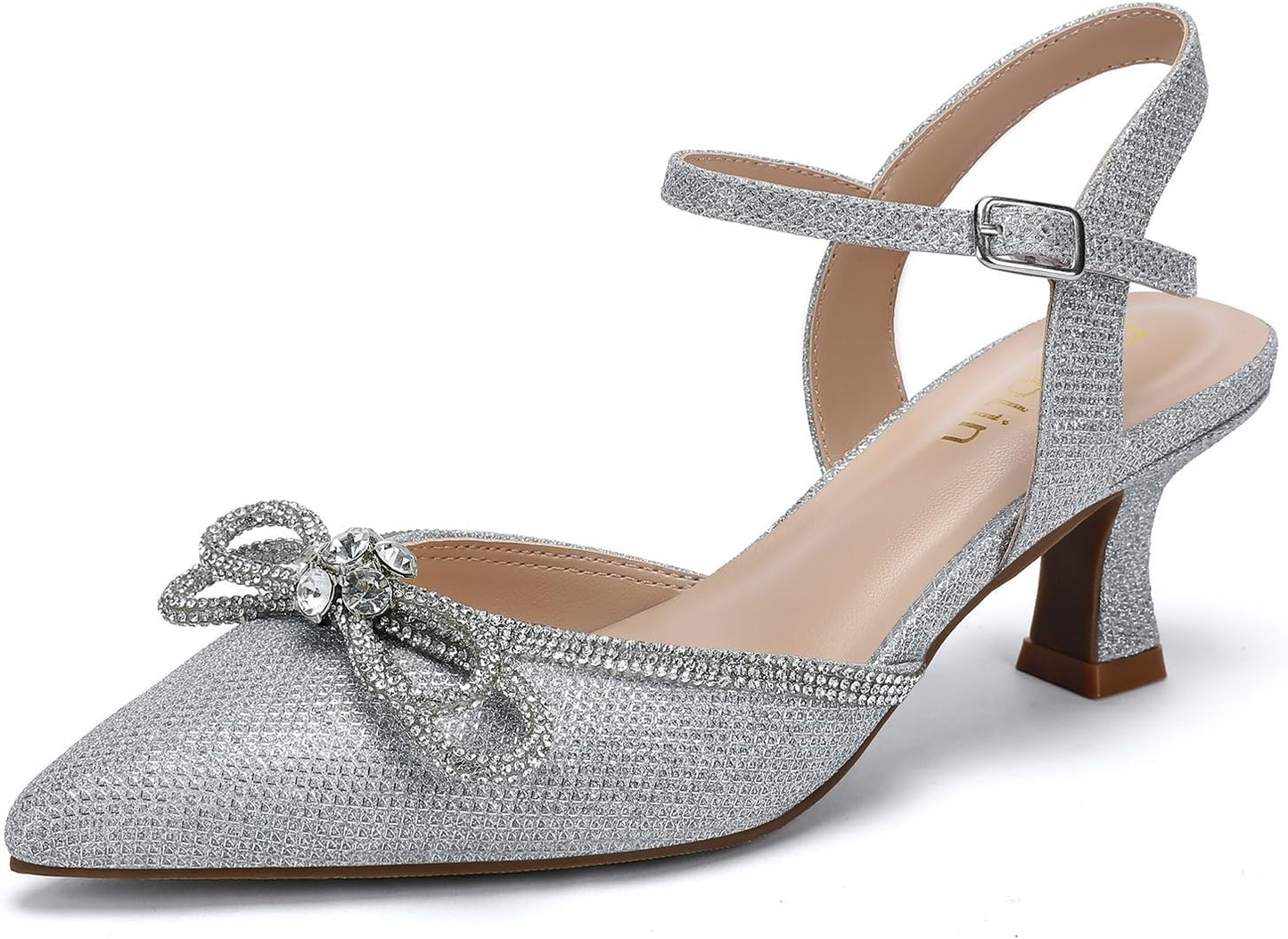 Wide Width Kitten Heels for Women with Rhinestone Bow Accent