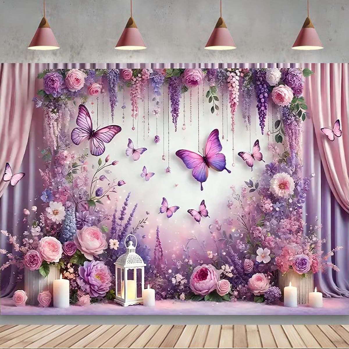 Purple Butterfly Floral Photography Background for Kids Events