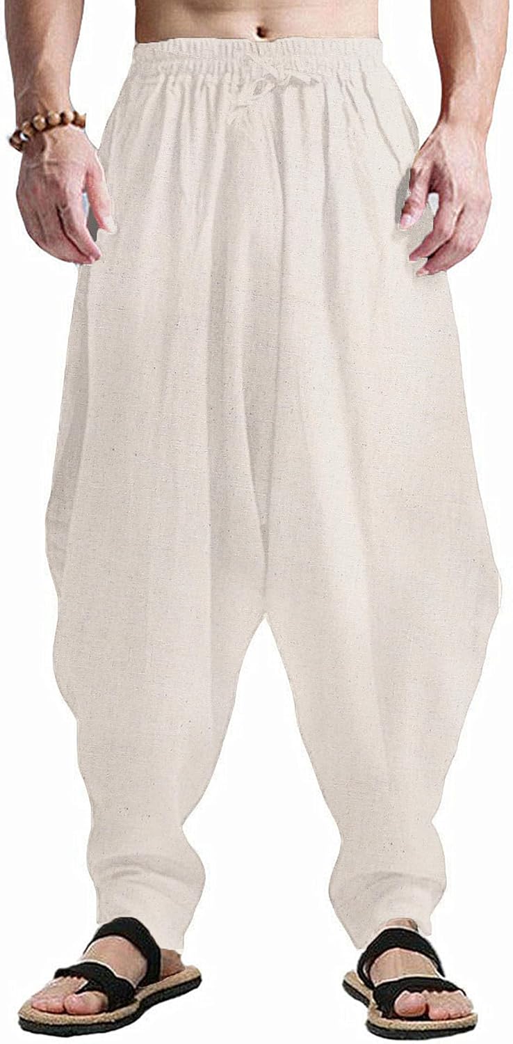 Men's Cotton Harem Pants Casual Loose Hippie Drop Crotch Trouser