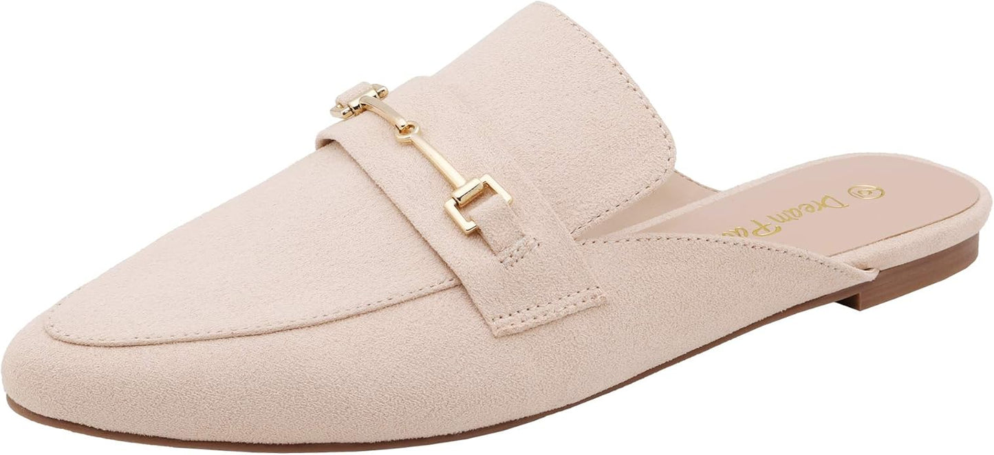 DREAM PAIRS Women's Flat Mules Buckle Pointed Toe Slip on Slides
