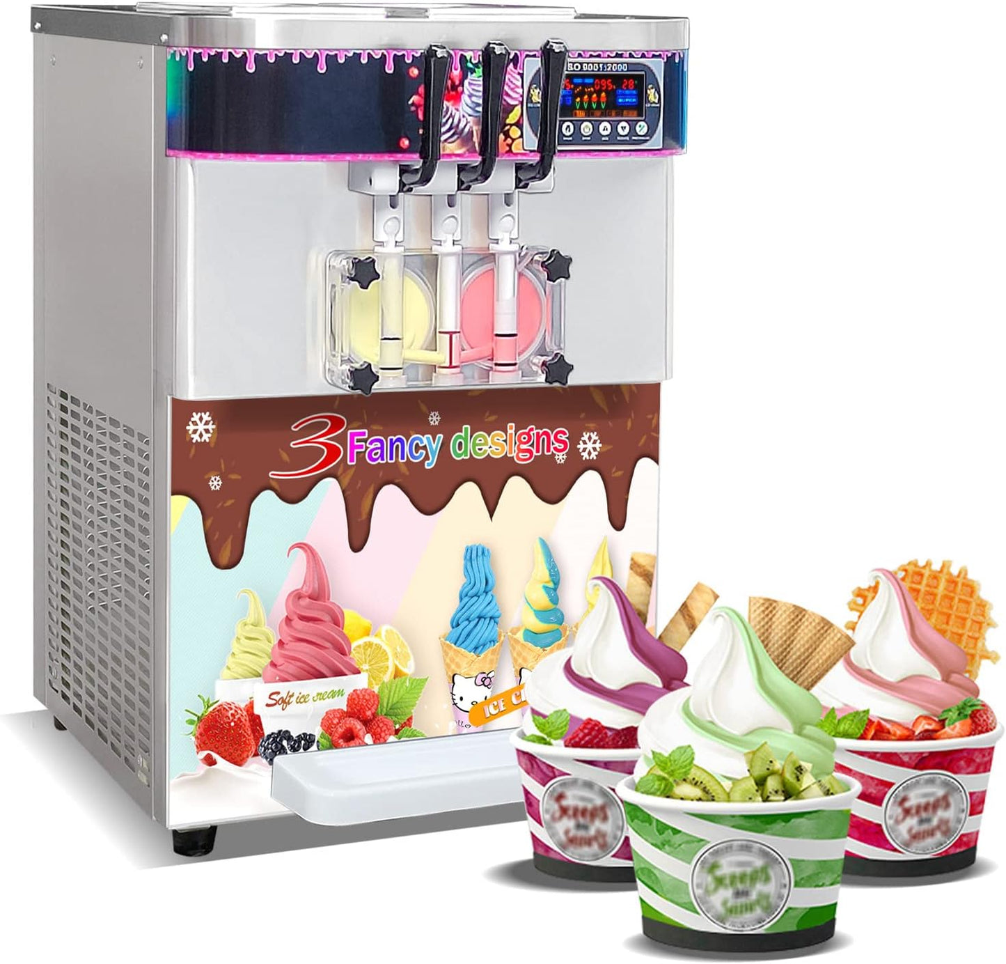 Kolice 3-Flavor Soft Serve Ice Cream Machine - Dual Tanks, Transparent Dispenser