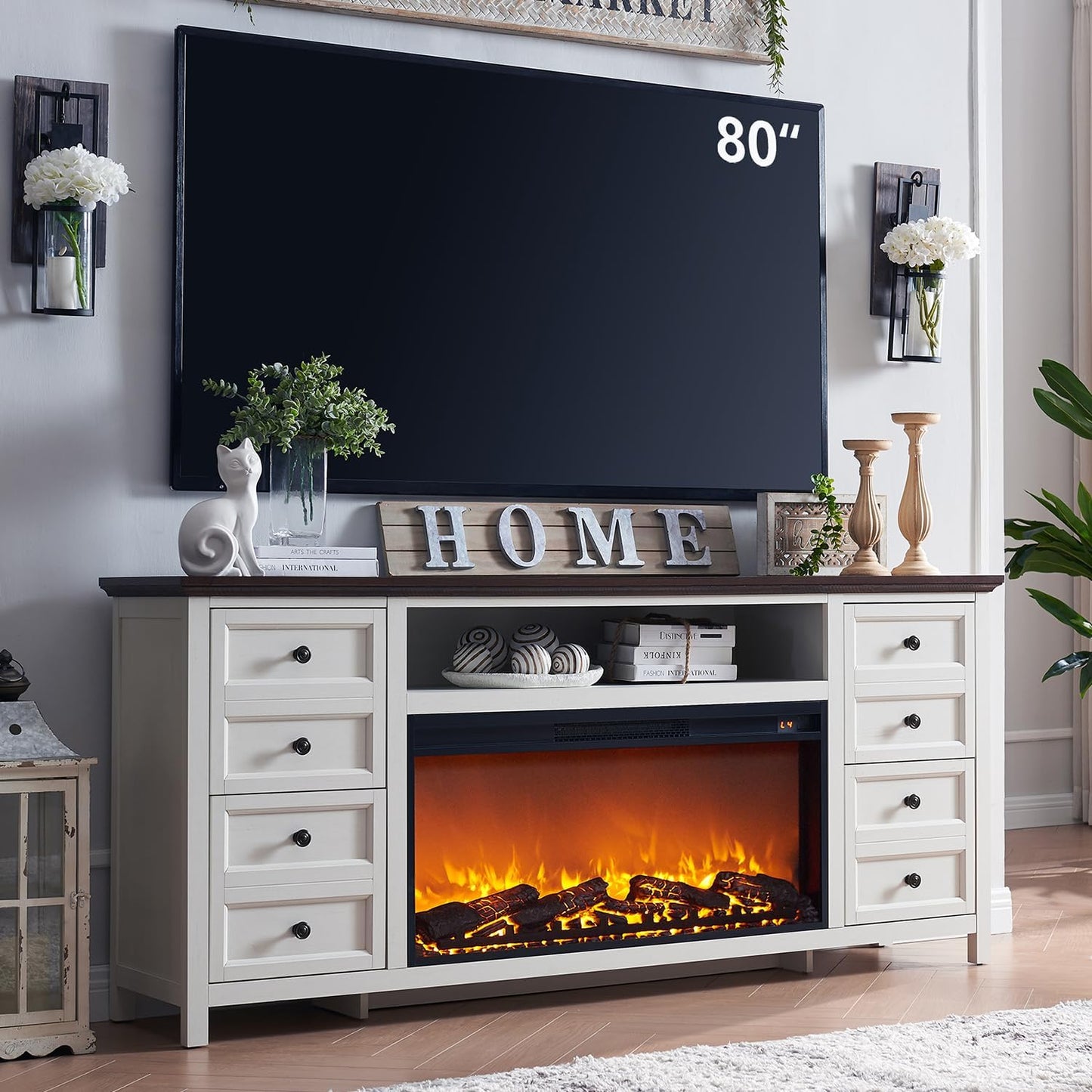 Farmhouse Fireplace TV Stand: 80 TV, Electric Fireplace, Storage