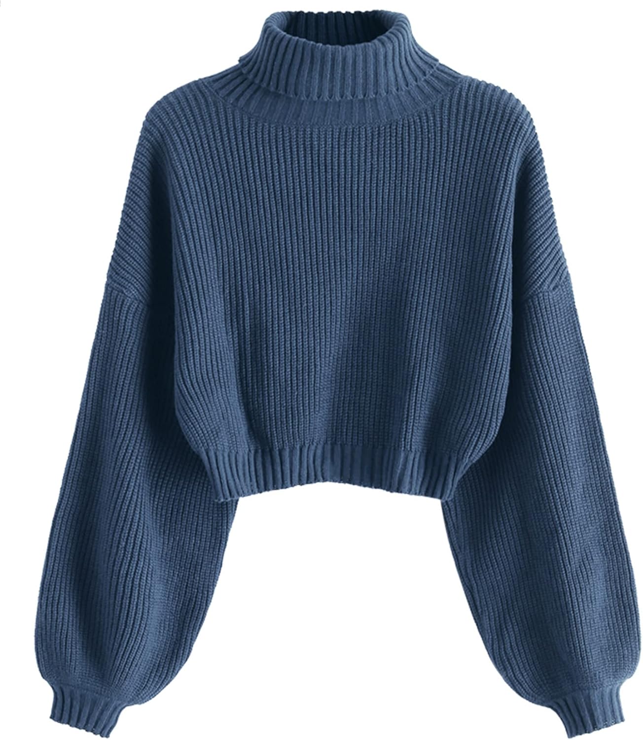 Cropped Turtleneck Sweater for Women with Lantern Sleeves