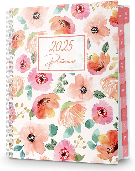 2025 Floral Planner Book: Large Daily/Weekly, Laminated Tabs, Stickers