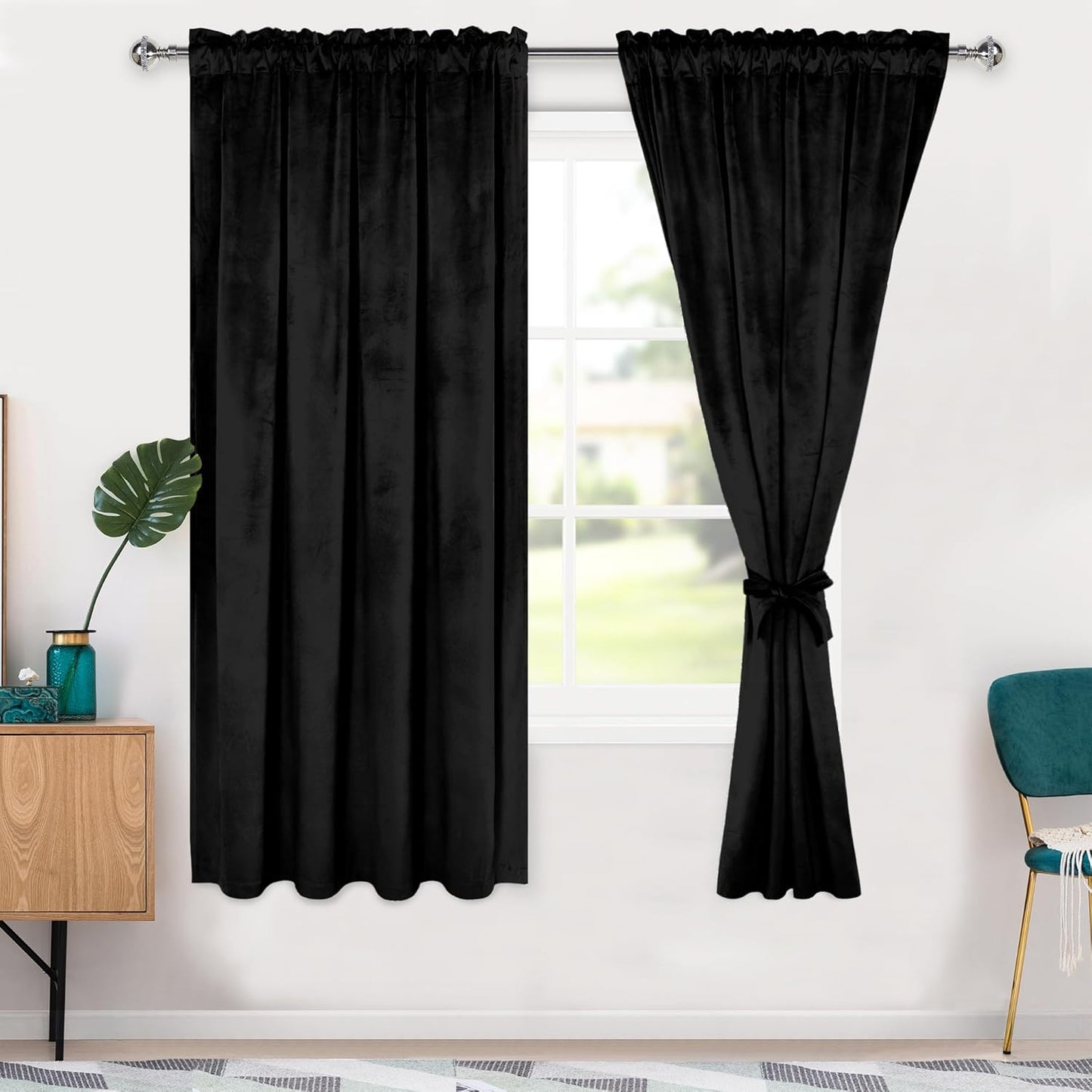 Hiasan Black Velvet Curtains 63 inch Blackout Thermal Insulated