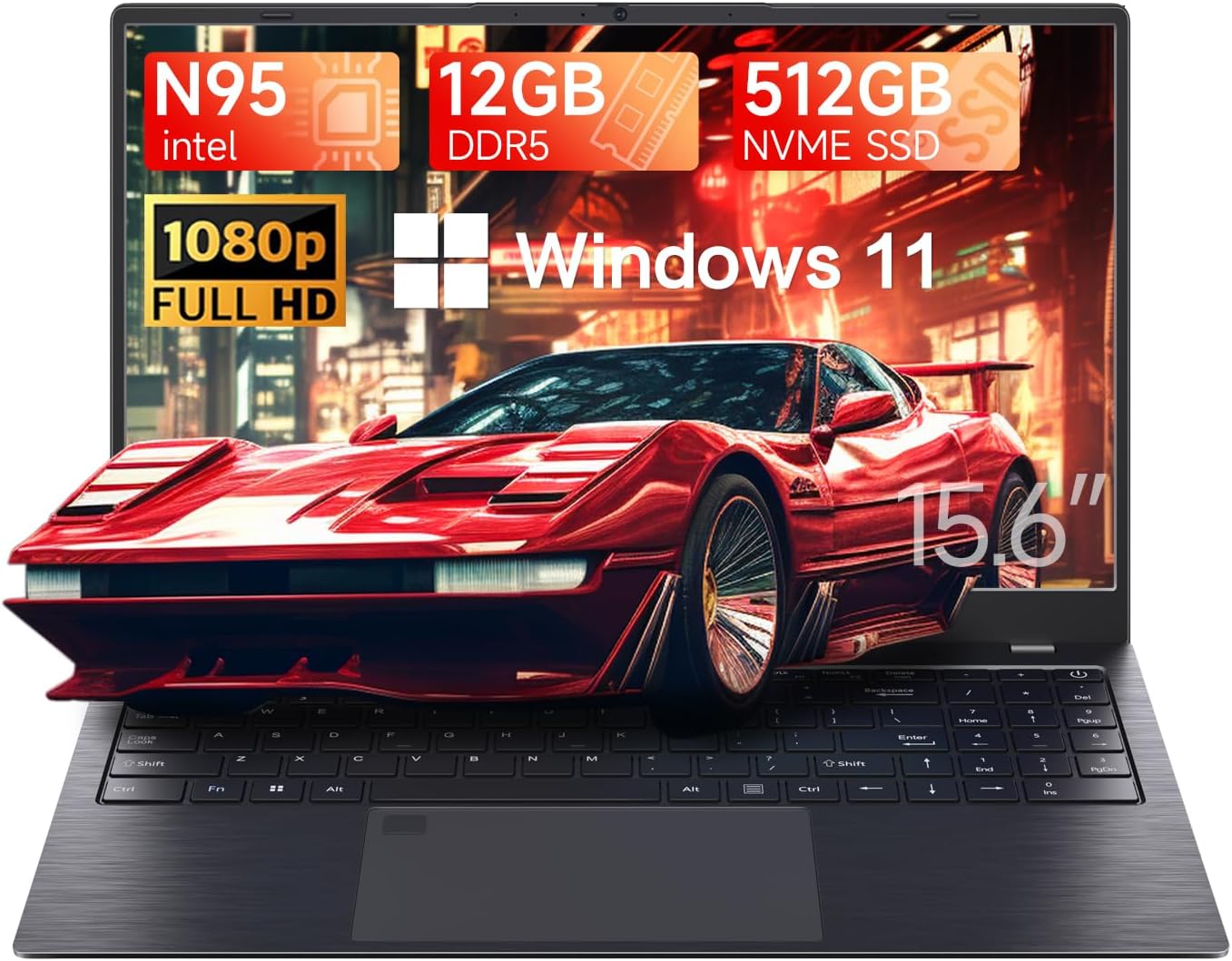 High-Performance 15.6 Laptop: DDR5 12GB RAM, 512GB SSD, Intel Celeron N95, Windows 11 Pro
