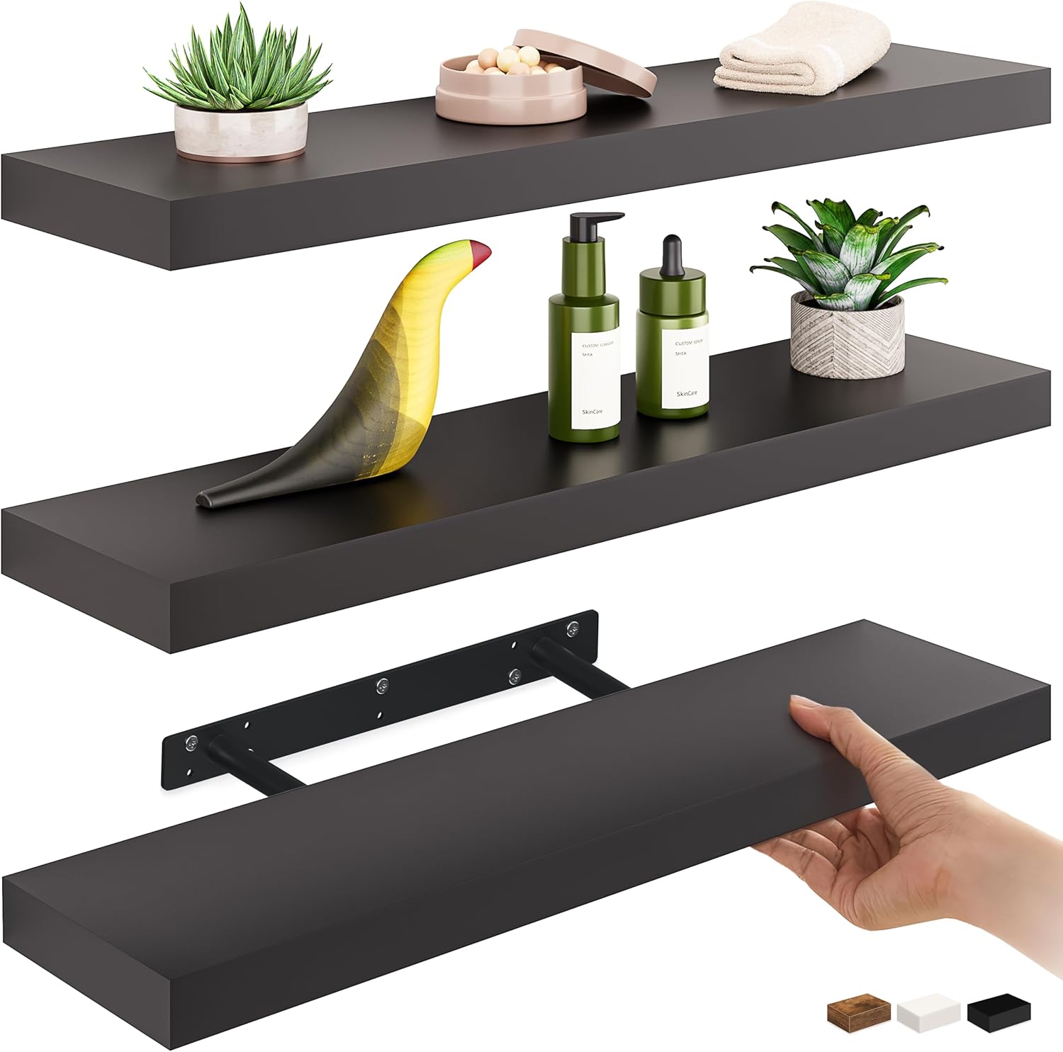 Floating Shelves for Wall - Set of 3 Black Wood Shelves