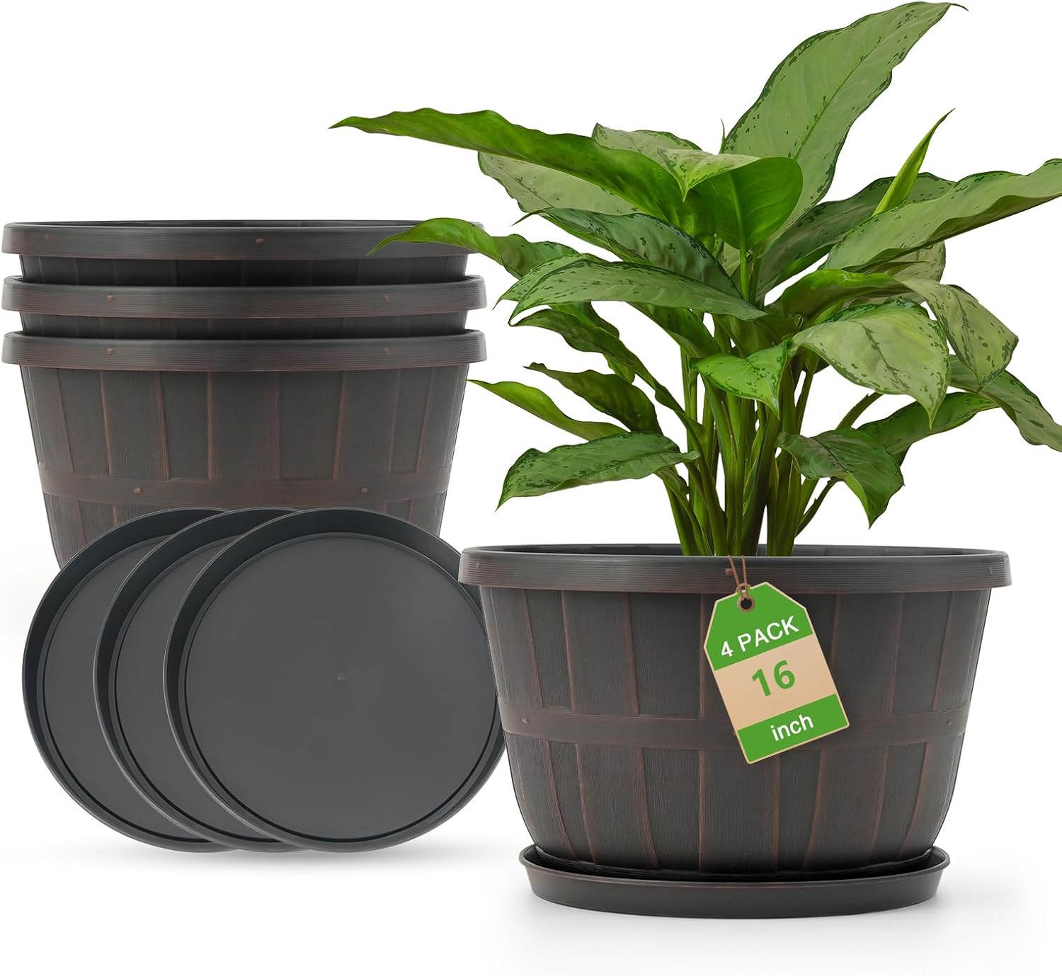 Classic 16 Inch Brown Whiskey Barrel Planters Set of 4 for All Spaces