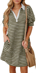 BLENCOT Women's Striped Polo V Neck Midi Dress - Casual Everyday Fit