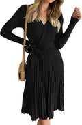 Women's Ribbed Knit Wrap V Neck Midi Dress with Belt - Fall Pullover