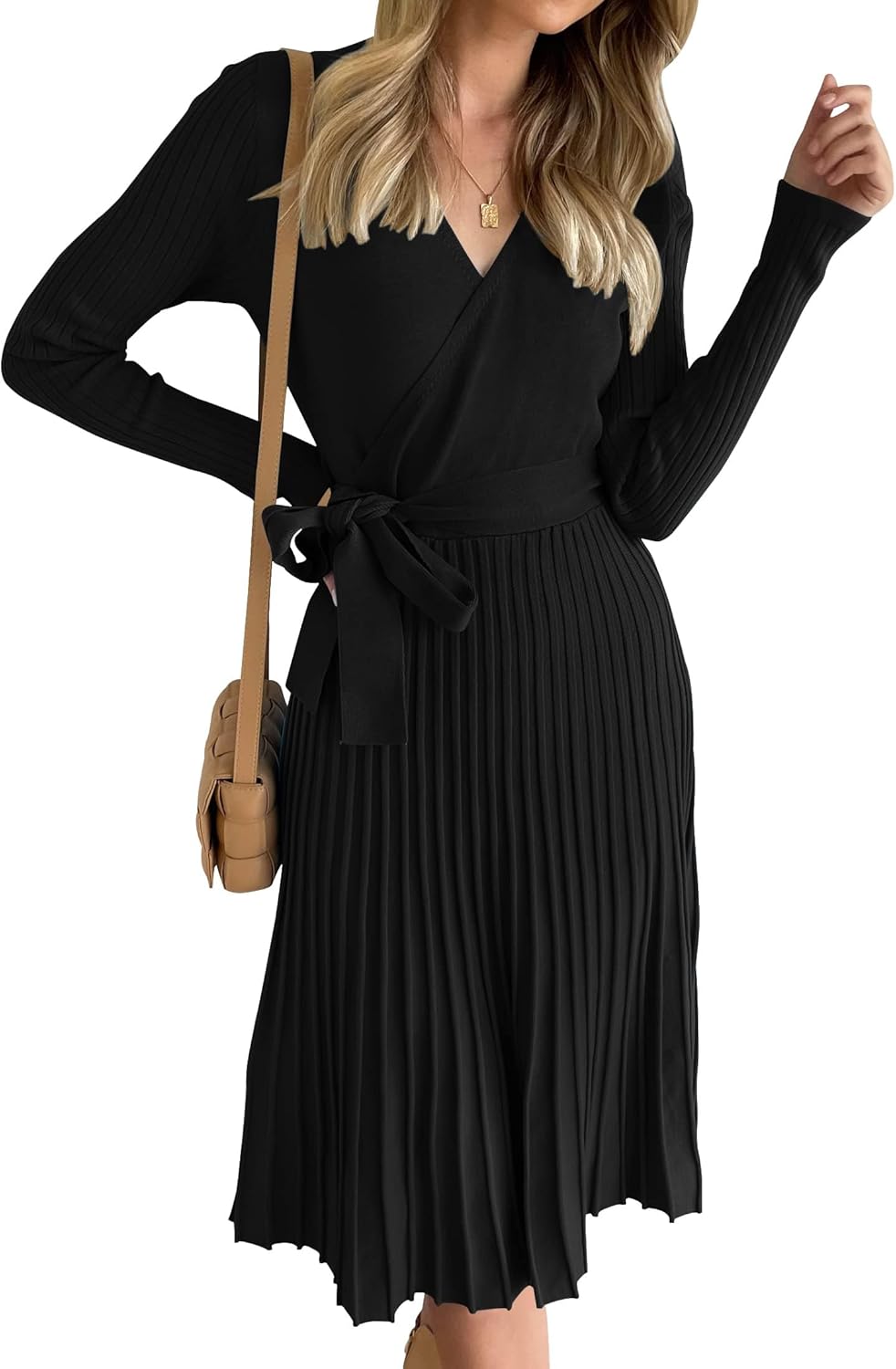 ZESICA Women's Fall Long Sleeve Wrap V Neck Sweater Dress