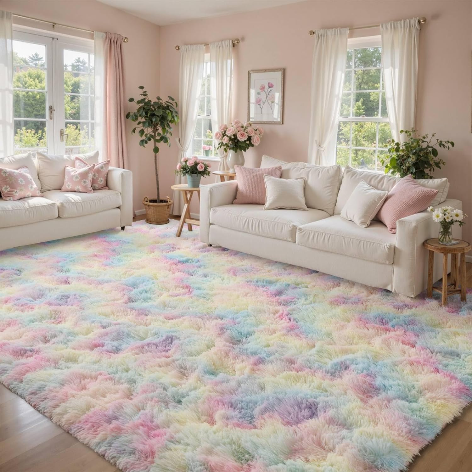 Fluffy Rainbow Area Rug 8x10 ft Soft Fuzzy Non-Slip Carpet