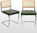 Natural Rattan Dining Chairs Set of 2 - Mid Century Green Upholstered