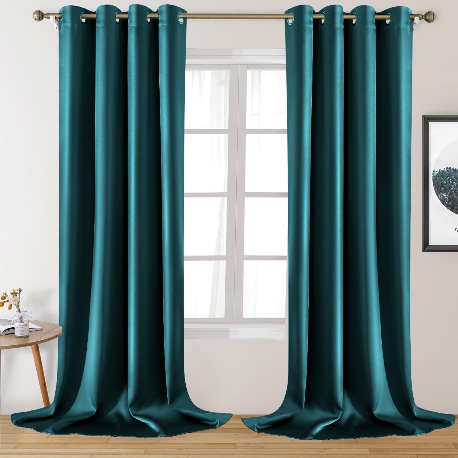 HOMEIDEAS 2 Panels Teal Faux Silk Blackout Curtains for Bedroom