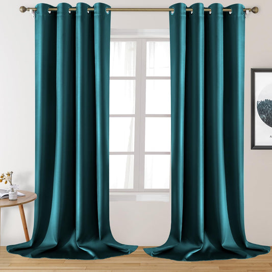 HOMEIDEAS 2 Panels Teal Faux Silk Blackout Curtains for Bedroom