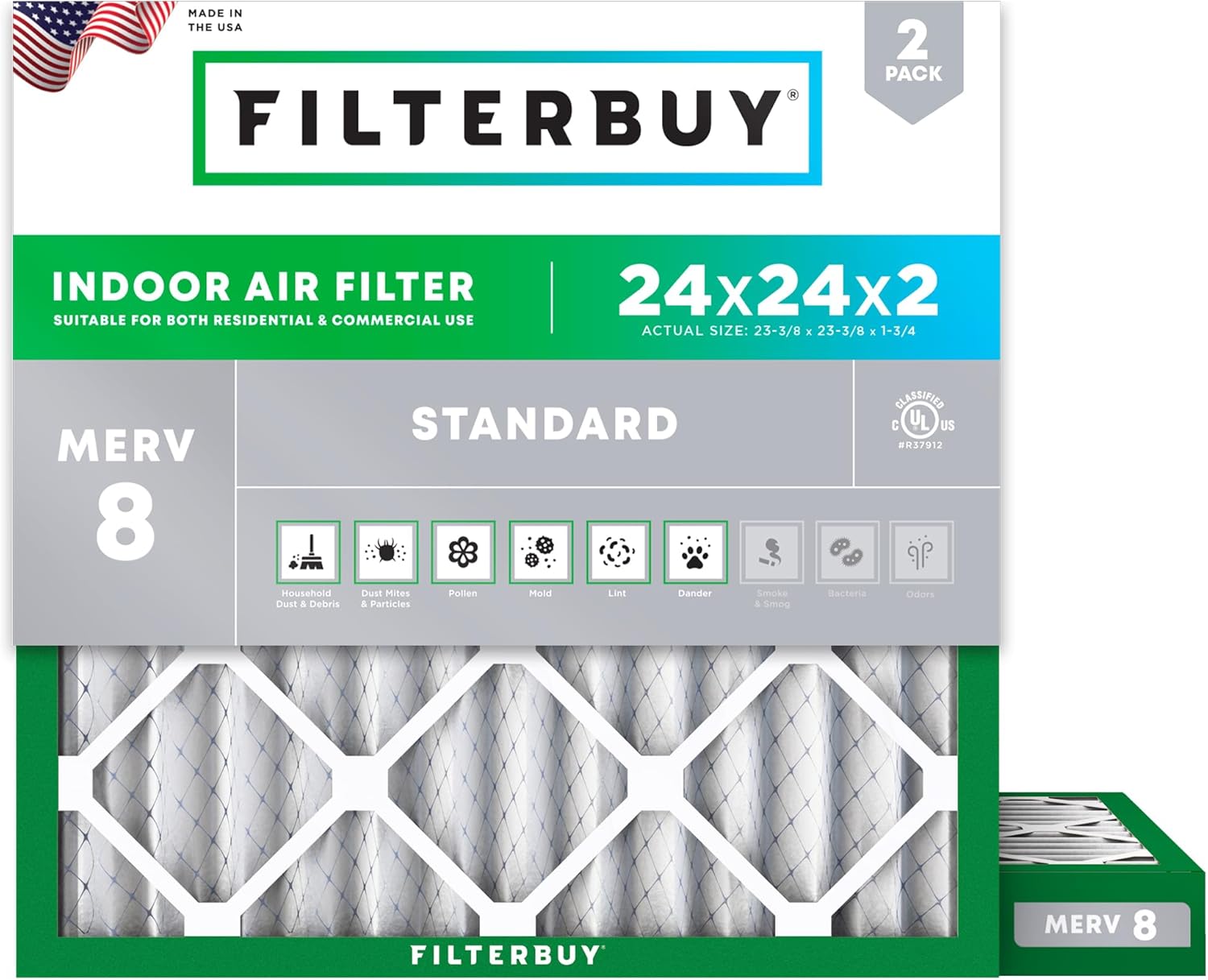 Filterbuy 24x24x2 Air Filter MERV 8 for Dust & Allergy Defense
