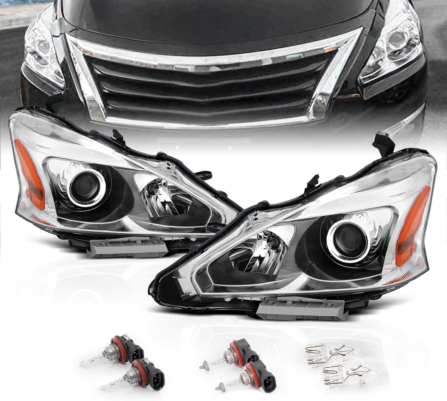 AmeriLite Projector Chrome Housing Halogen Headlights for Altima