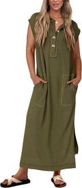 Womens Ribbed Henley Short Sleeve Maxi Dress - Lightweight Summer