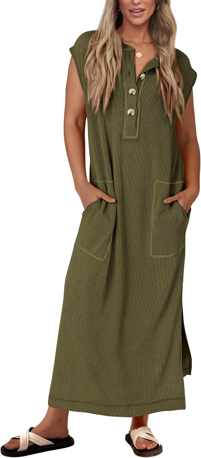 KIRUNDO Womens Summer Dresses Ribbed Knit Henley Maxi Dress