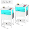White Nightstands Set of 2 with Charging Station and RGB Lights