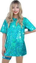 Sequin T-Shirt Dress Sparkly Casual Short Sleeve Party Club Outfit Tie