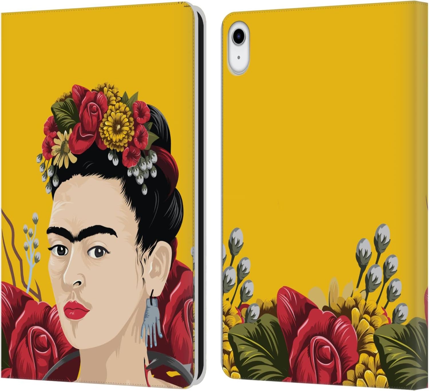 Frida Kahlo Portrait Red Florals Leather Wallet Case for iPad