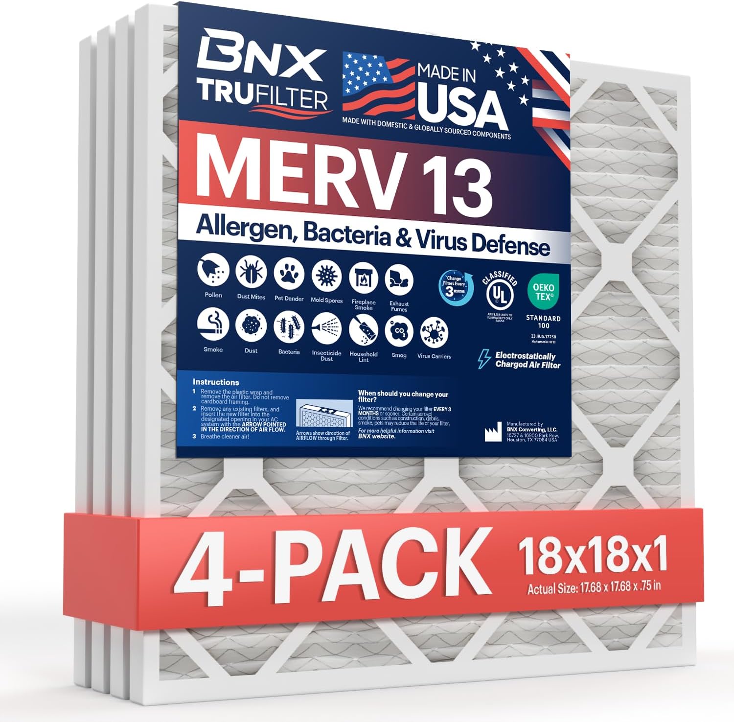 BNX TruFilter 18x18x1 Air Filter MERV 13 for Allergies & More
