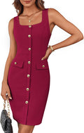 GRACE KARIN Buttons Belted Square Neck Business Midi Dress - Sleek