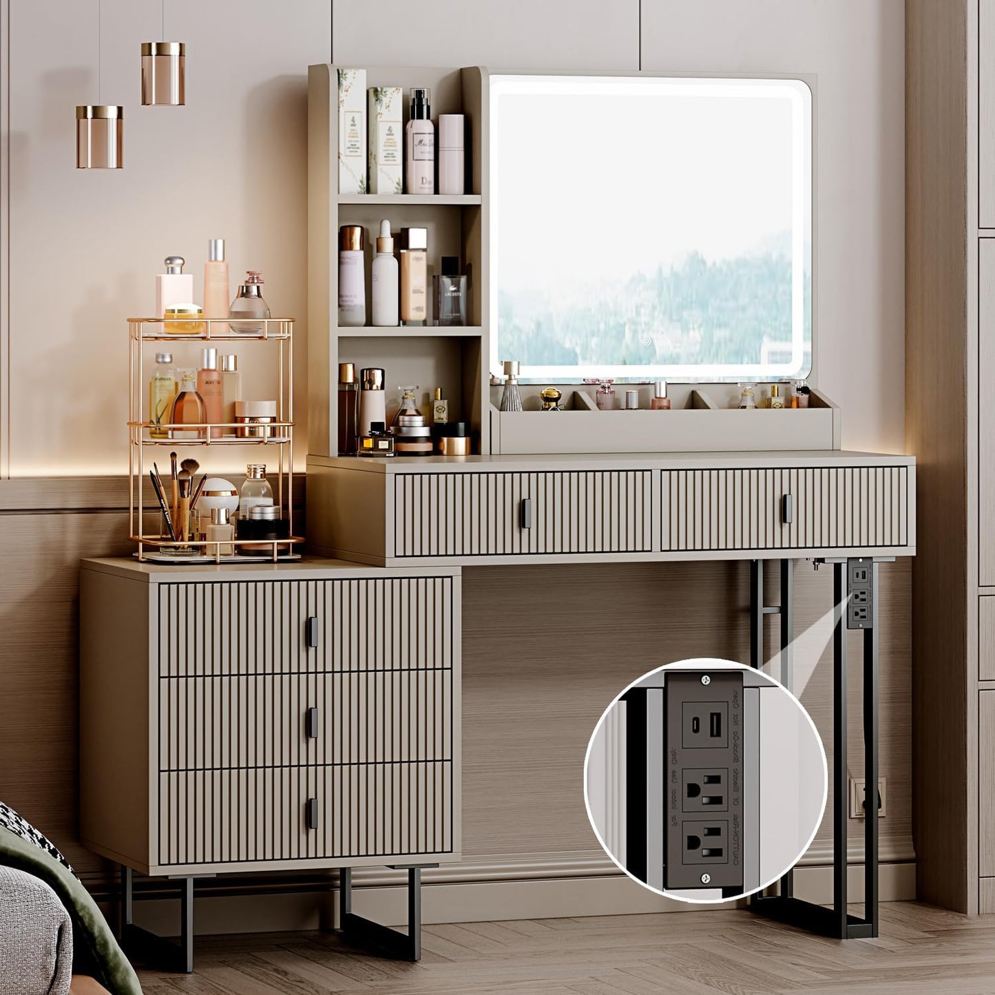 Modern Vanity Desk, Dimming Mirror & Charging Station
