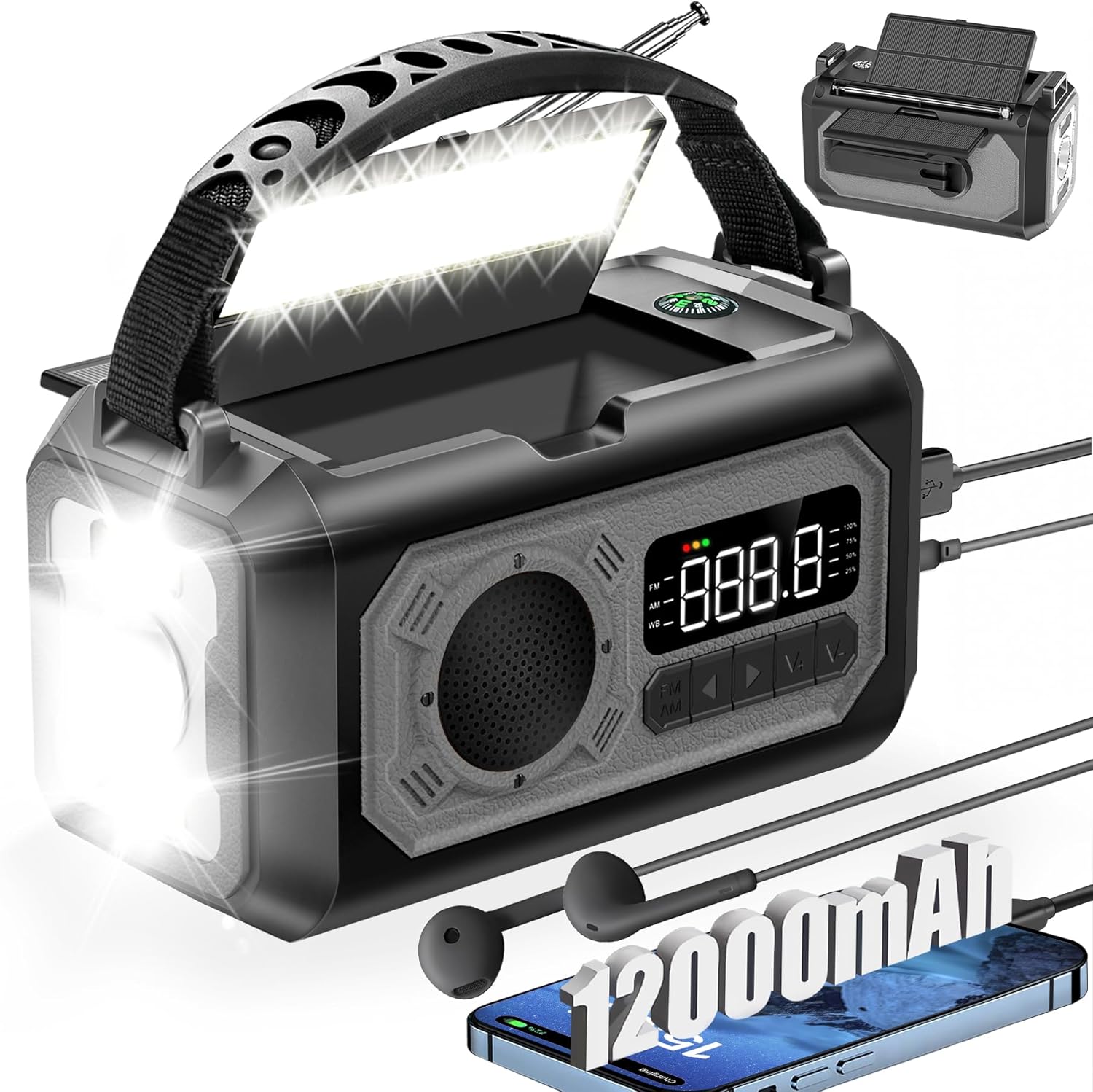 12000mAh Emergency Weather Radio with Dual Solar Panels