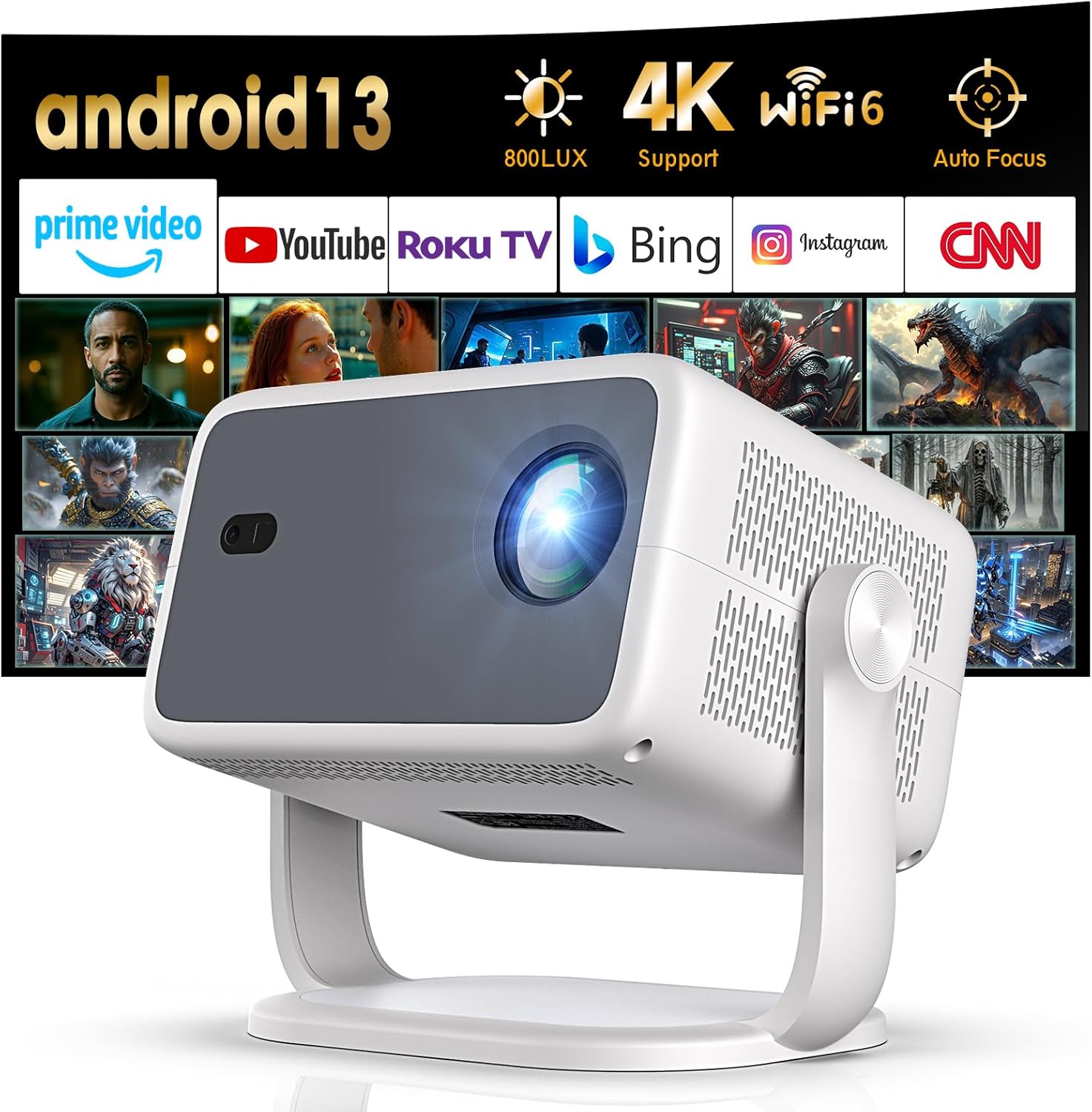 AI Auto Focus Portable Projector with 4K Support and WiFi 6