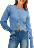 Womens Cropped Cardigan Sweater - Lightweight Knit Puff Sleeve