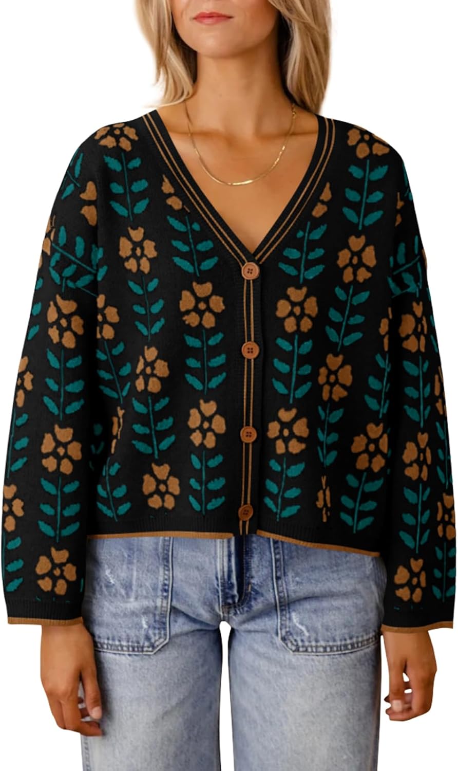 Stylish Floral Print V Neck Cardigan for Women by Saodimallsu