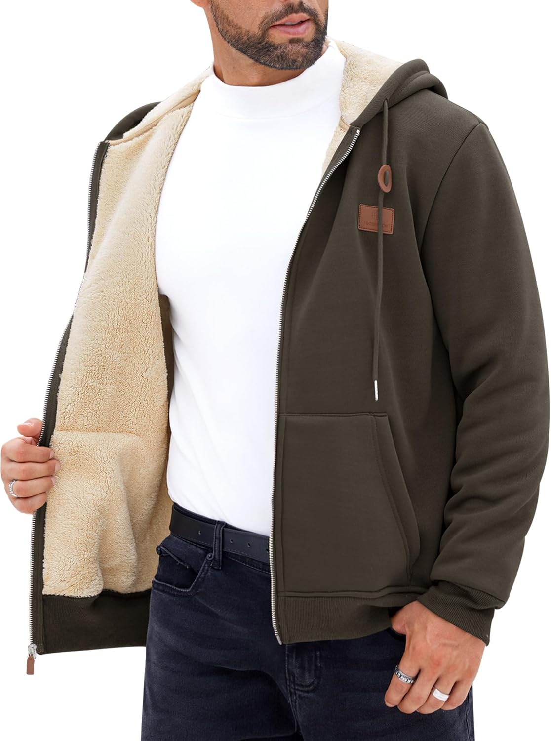 Men's Sherpa-Lined Zip Up Hoodie Jacket for Winter Comfort