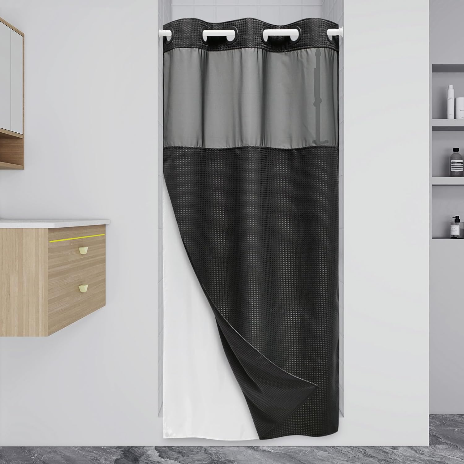 Stall No Hook Shower Curtain with Snap in Liner for Bathroom