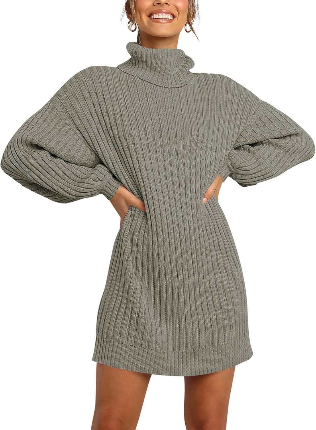 Oversized Sweater Dress for Women - Turtleneck Batwing Style