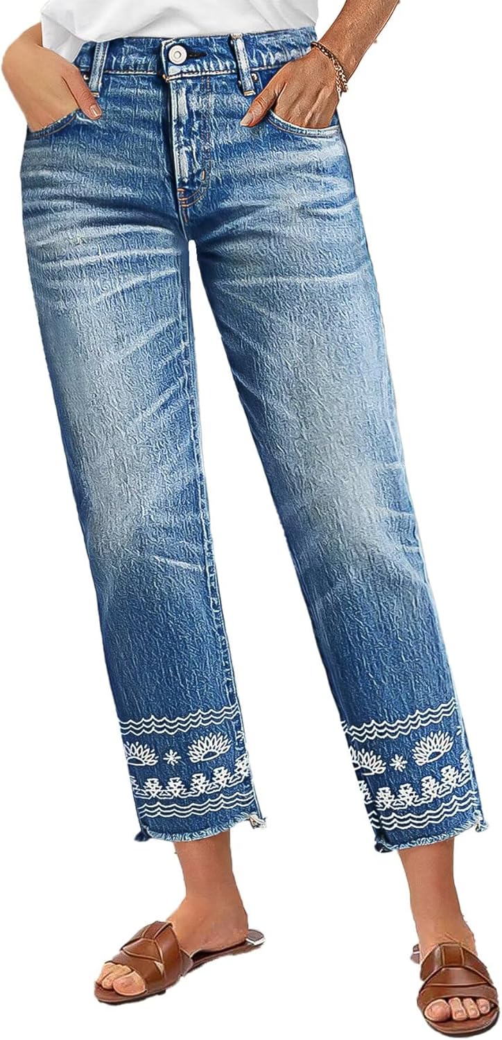 Trendy Mid Rise Cropped Jeans with Tribal Embroidery for Women
