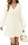 Womens V Neck Long Sleeve Cable Knit Fall Dress - Elegant Babydoll