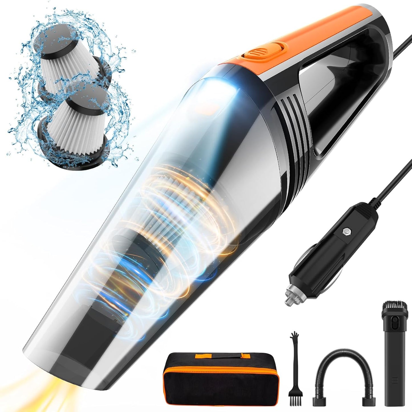 FRESMOL Portable Car Vacuum - High Power 8000Pa, LED Light, Deep Cleaning Kit