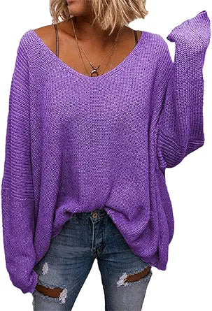Stylish BZB Women's V Neck Long Sleeve Knit Oversized Sweater