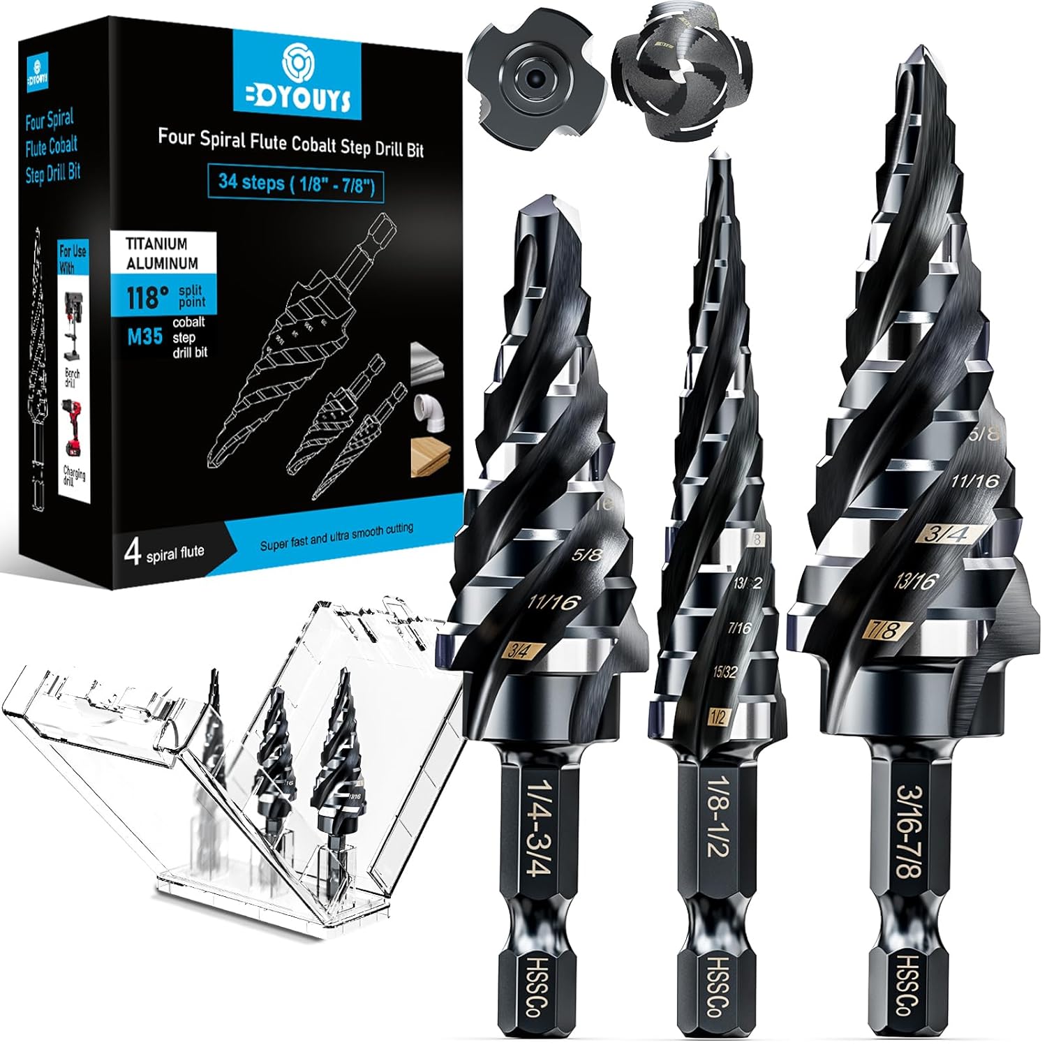 M35 Four Spiral Flute Step Drill Bit Set for Metal and Wood