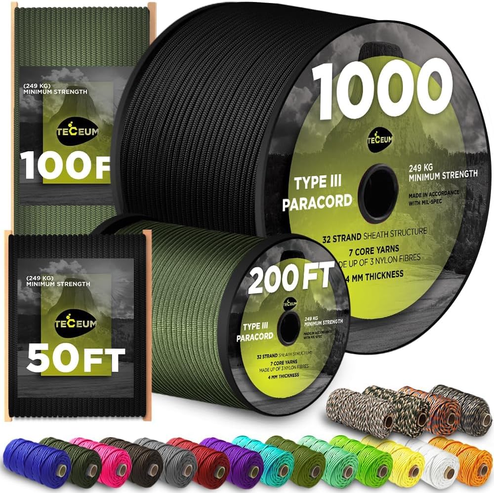 TECEUM Paracord Rope 1000ft - Durable Tactical Cord for Survival