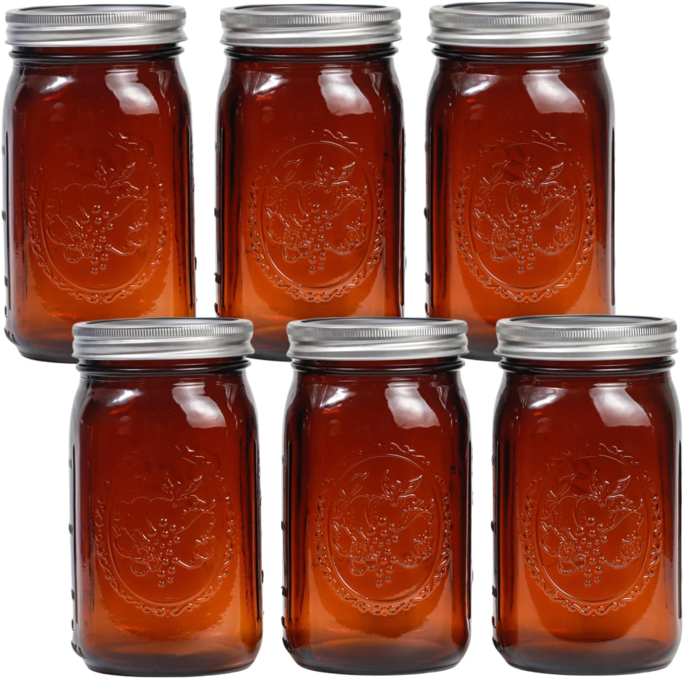 6 Pack 32 oz Amber Wide Mouth Mason Jars with Airtight Lids