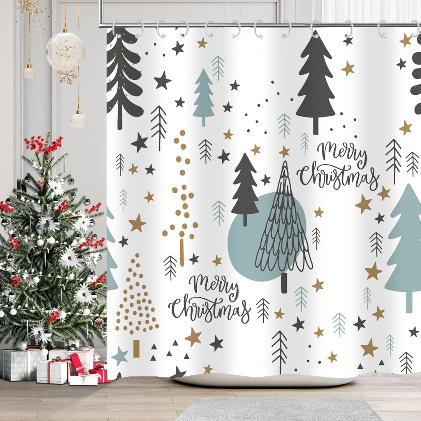 Festive Christmas Shower Curtain Set - Waterproof & Cute, Bathroom Decor, 72x72 - Cnayuep